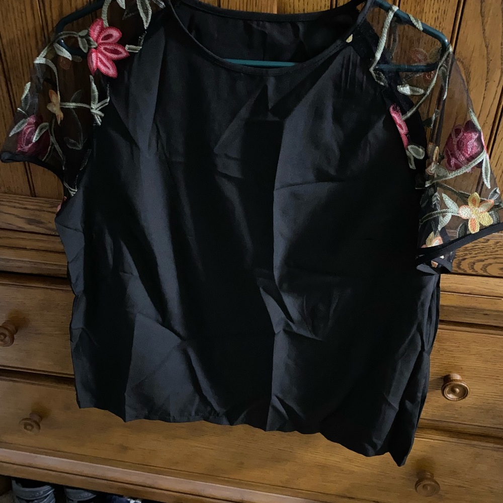 Black Sheer Floral Embroidered Top